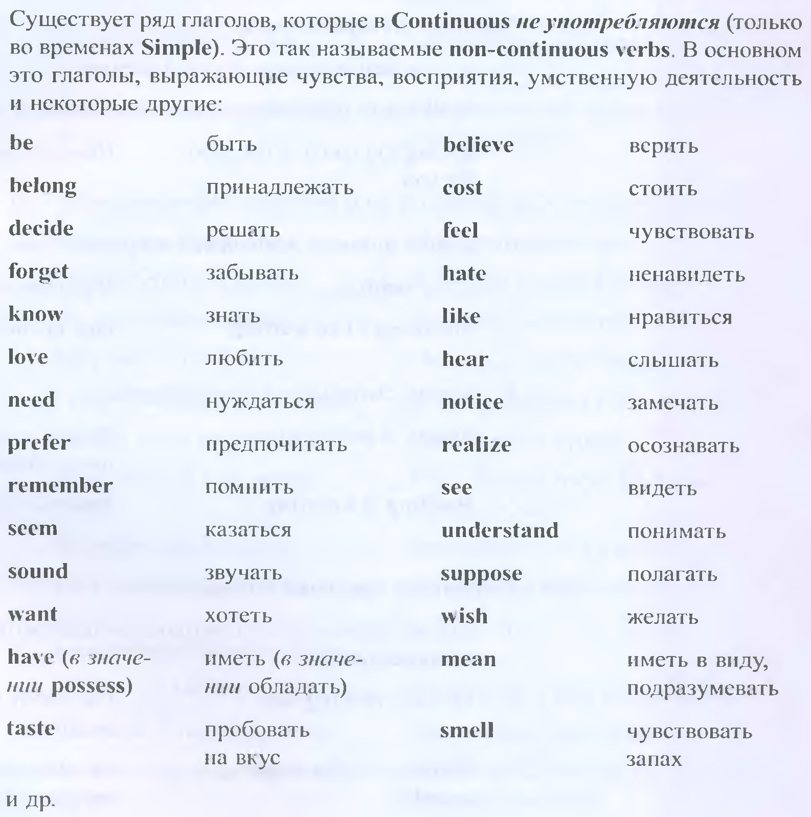 Значения глаголов настоящего времени. Глагол к-20. Глаголы не употребляющиеся во временах группы Continuous. 20 Глаголов в прошедшем времени. Глаголы которые не употребляются в прошедшем времени в английском.